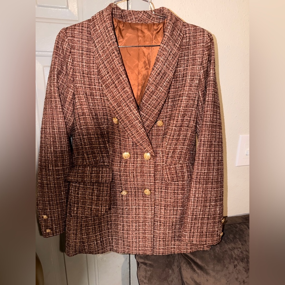 Double-Breasted Brown Tweed Blazer Jacket - Picture 4 of 9